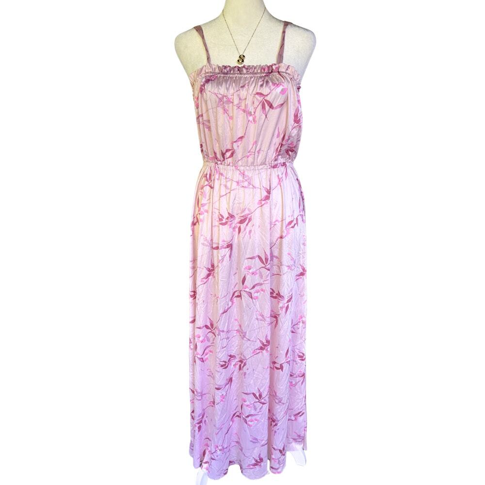 Vintage 70s Vanity Fair Satin Floral Maxi Dress Pink Lavender Slip Size M